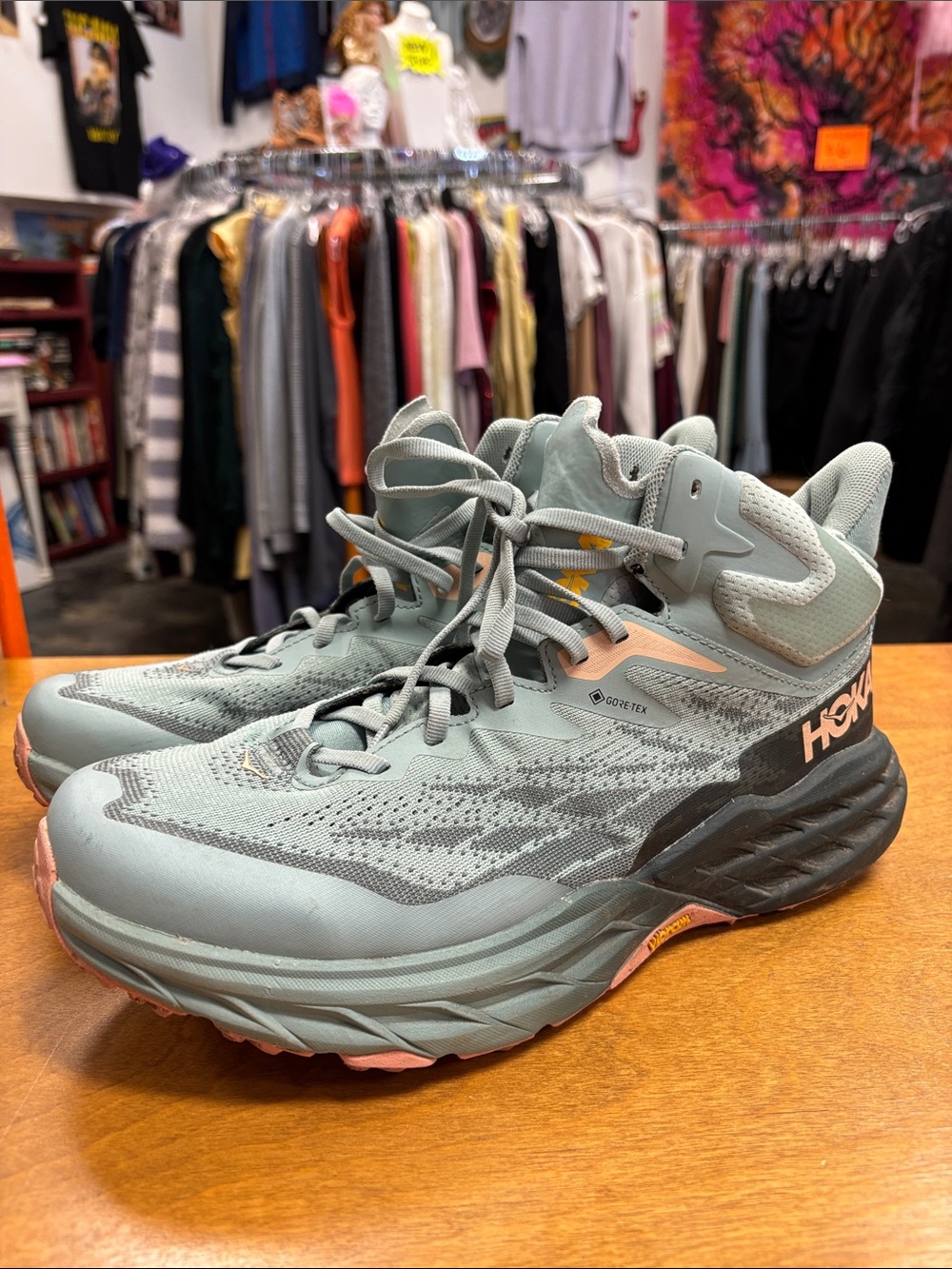 Hoka Women's Speedgoat 5 Mid GTX Sage Green and Pink Trail Running Shoes
